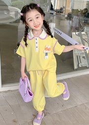 Cute Yellow Cartoon Decorated Patchwork Cotton Kids Girls Two Pieces Set Summer