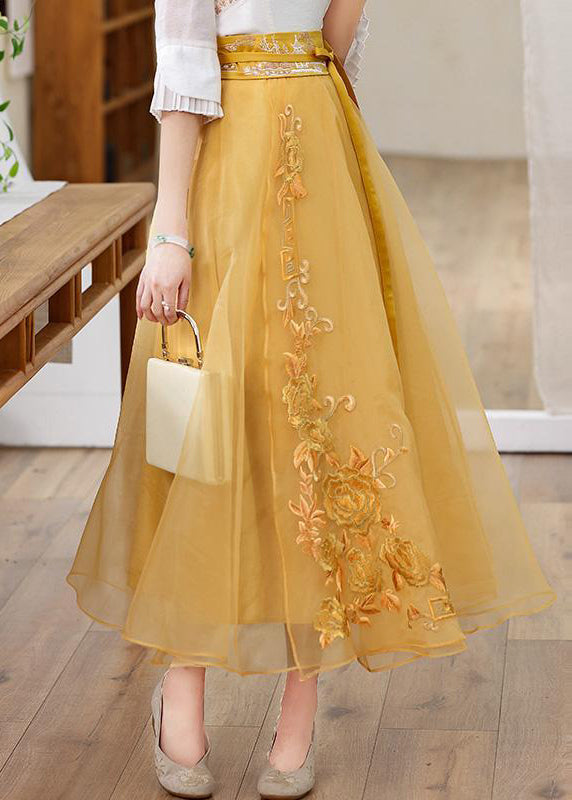 Cute Yellow Embroideried High Waist Tie Waist Tulle Skirts Fall