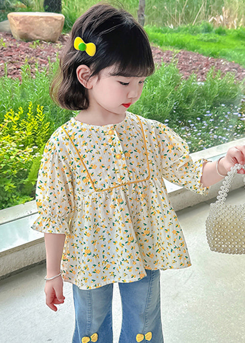 Cute Yellow O-Neck Print Cotton Girls Top Half Sleeve