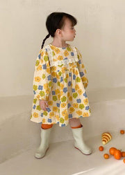 Cute Yellow O Neck Print Cotton Kids Girls Robe Dresses Fall