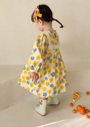 Cute Yellow O Neck Print Cotton Kids Girls Robe Dresses Fall