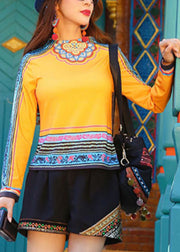 Cute Yellow O-Neck Print Patchwork Top Long Sleeve