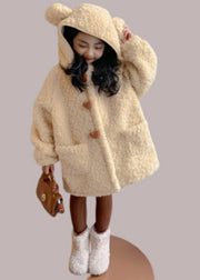 Cute Yellow Pockets Zippered Kids Hoodie Faux Fur Coat Winter