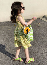 Cute Yellow Print Wrinkled Patchwork Chiffon Baby Girls Sundress Summer