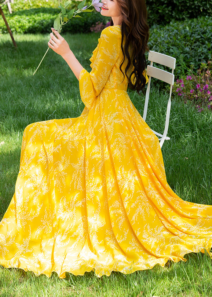 Cute Yellow Ruffled Print Slim Chiffon Maxi Holiday Dress Spring