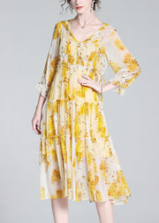 Cute Yellow V Neck Print Patchwork Button Silk Long Dress Spring