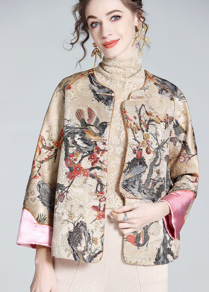 DIY Apricot O-Neck Embroideried Patchwork Chinese Button Silk Coats Spring