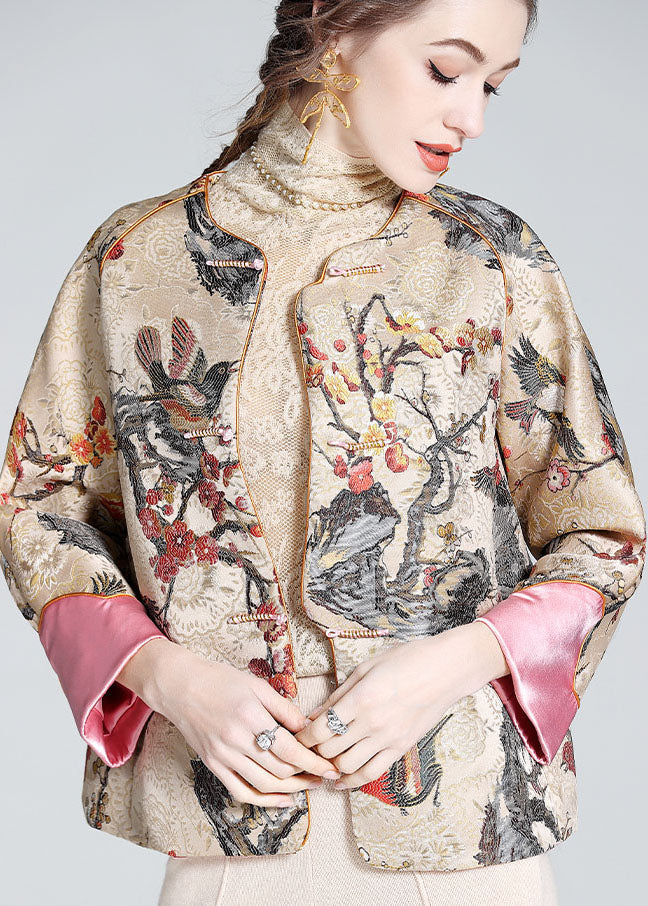 DIY Apricot O-Neck Embroideried Patchwork Chinese Button Silk Coats Spring