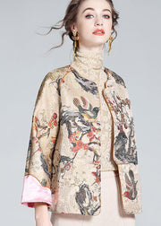 DIY Apricot O-Neck Embroideried Patchwork Chinese Button Silk Coats Spring