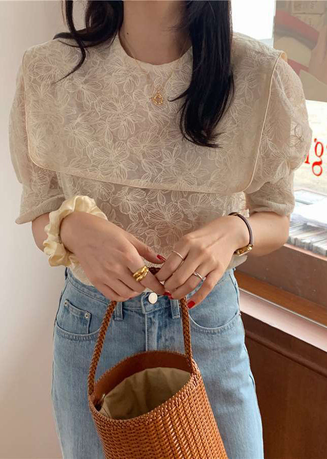 DIY Apricot Sailor Collar Embroideried Cotton Blouse Top Puff Sleeve