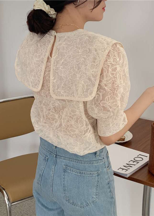 DIY Apricot Sailor Collar Embroideried Cotton Blouse Top Puff Sleeve