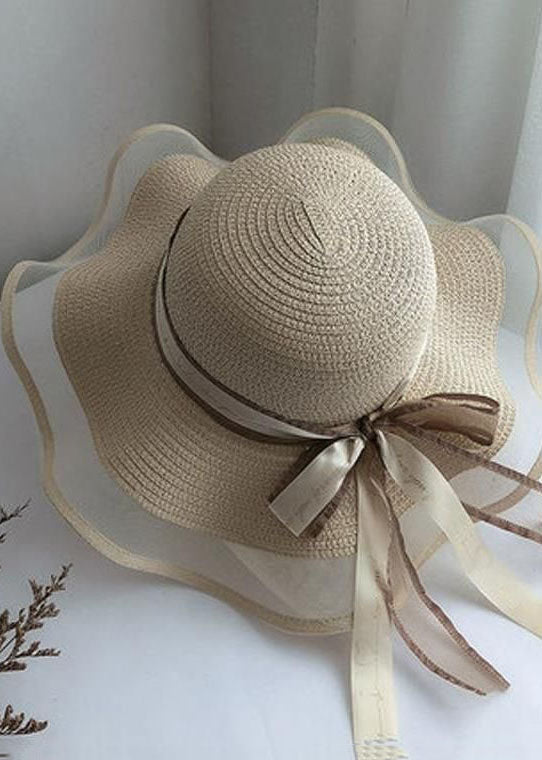 DIY Beige Bow Straw Woven Beach Holiday Floppy Sun Hat