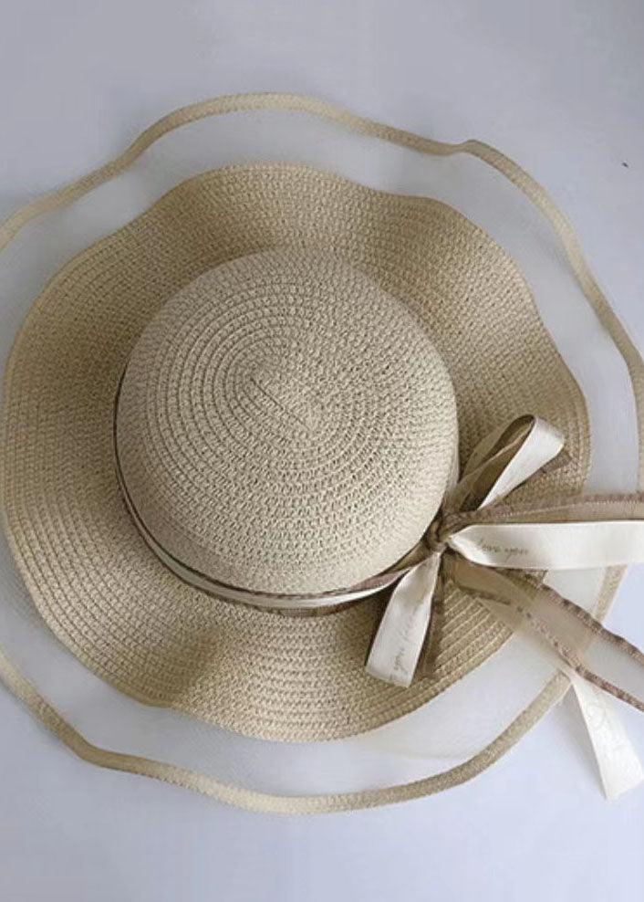 DIY Beige Bow Straw Woven Beach Holiday Floppy Sun Hat