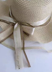 DIY Beige Bow Straw Woven Beach Holiday Floppy Sun Hat