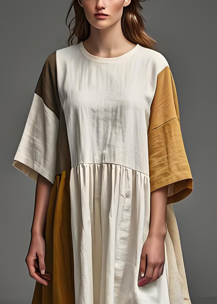 DIY Beige O Neck Wrinkled Patchwork Linen Dresses Summer
