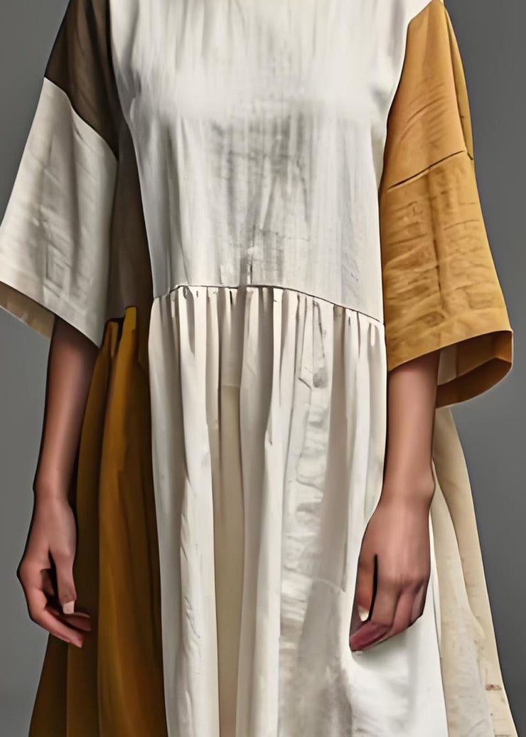 DIY Beige O Neck Wrinkled Patchwork Linen Dresses Summer