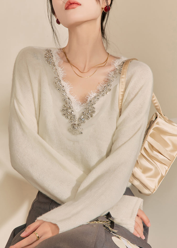 DIY Beige V Neck Lace Patchwork Cozy Cotton Knit Sweaters Winter