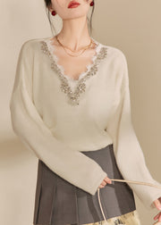 DIY Beige V Neck Lace Patchwork Cozy Cotton Knit Sweaters Winter