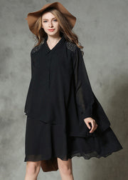 DIY Black Asymmetrical Design Rivet Chiffon A Line Dresses Spring