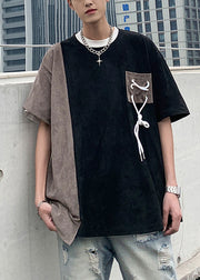 DIY Black Asymmetrical Patchwork Cotton Men T Shirt Summer