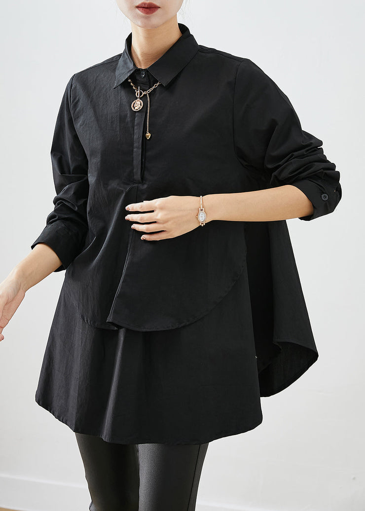 DIY Black Asymmetrical Patchwork Cotton Shirt Tops Fall