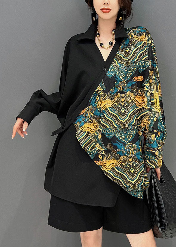 DIY Black Asymmetrical Patchwork Print Cotton Shirt Tops Batwing Sleeve