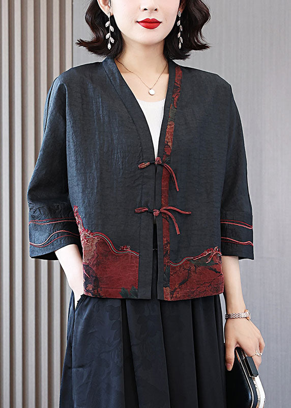 DIY Black Embroideried Tasseled Patchwork Silk Coats Spring