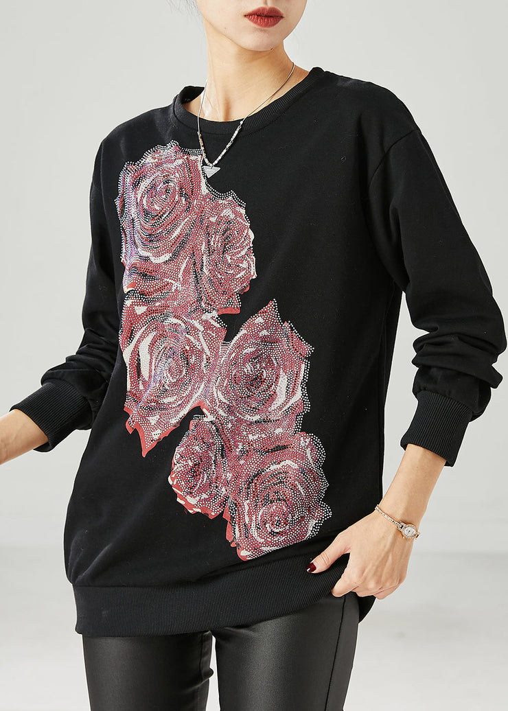 DIY Black Floral Oversized Cotton Pullover Streetwear Spring