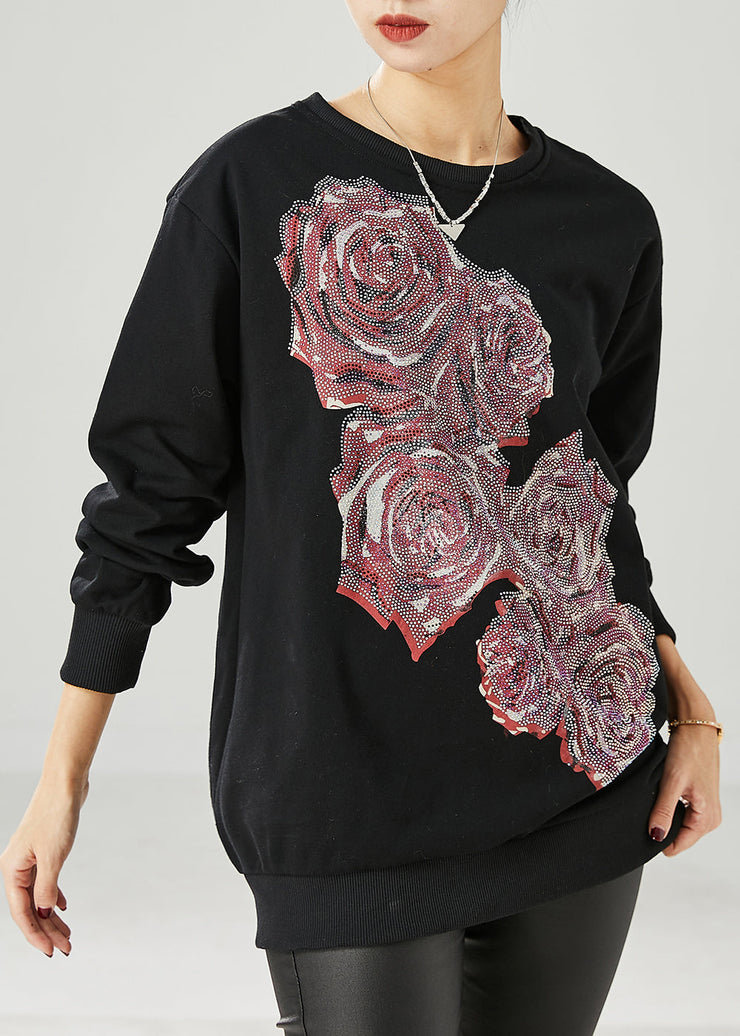 DIY Black Floral Oversized Cotton Pullover Streetwear Spring