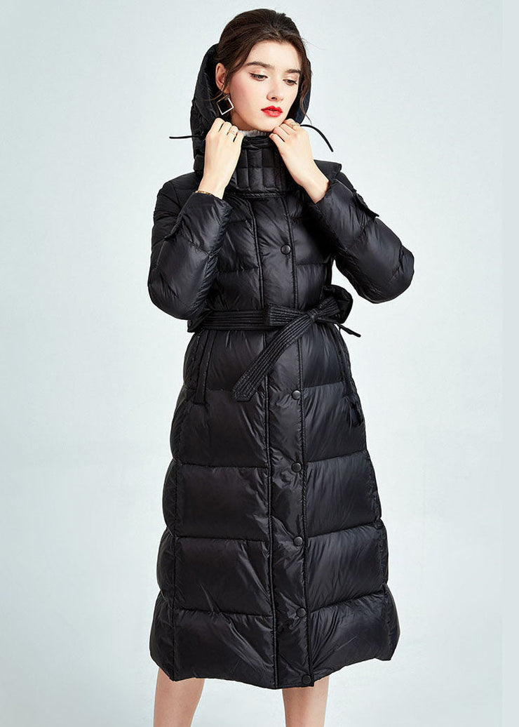 DIY Black Hooded Lengthen Duck Down Cinch Coats Winter