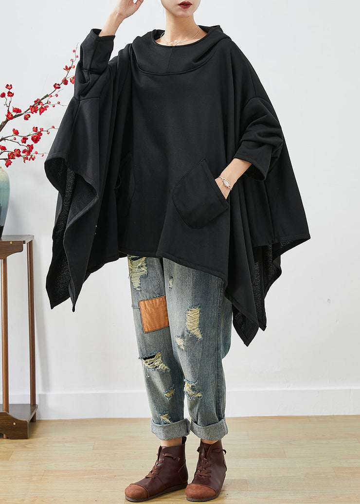 DIY Black Hooded Oversized Asymmetrical Exra Large Hem Cotton Sweatshirts Top Summer