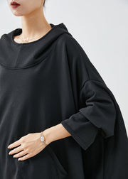 DIY Black Hooded Oversized Asymmetrical Exra Large Hem Cotton Sweatshirts Top Summer