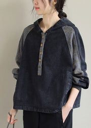 DIY Black Hooded Patchwork Pockets Denim Tops Spring