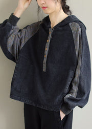 DIY Black Hooded Patchwork Pockets Denim Tops Spring