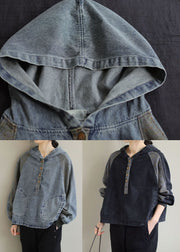 DIY Black Hooded Patchwork Pockets Denim Tops Spring