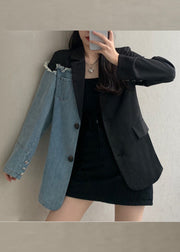 DIY Black Notched Pockets Asymmetrical Denim Patchwork Coats Long Sleeve