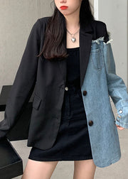 DIY Black Notched Pockets Asymmetrical Denim Patchwork Coats Long Sleeve