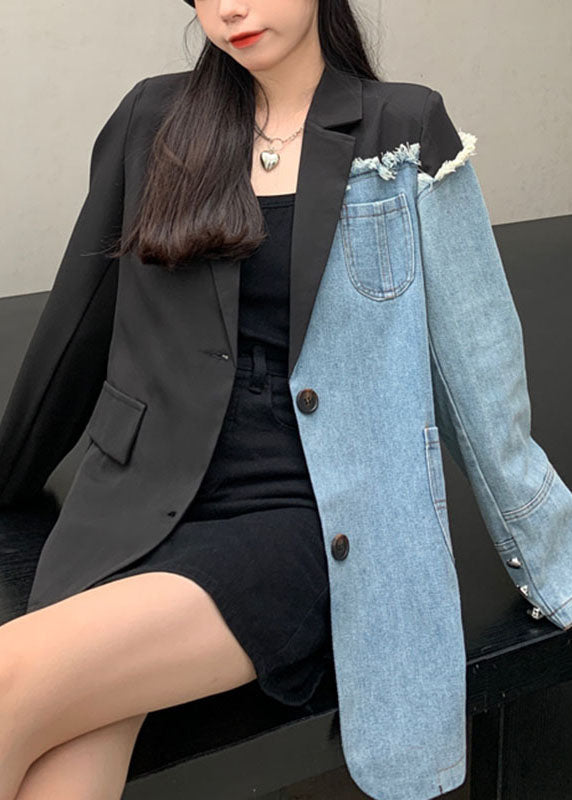 DIY Black Notched Pockets Asymmetrical Denim Patchwork Coats Long Sleeve