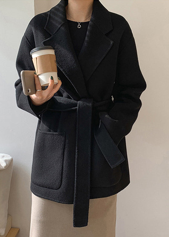 DIY Black Notched Tie Waist Solid Woolen Coats Fall