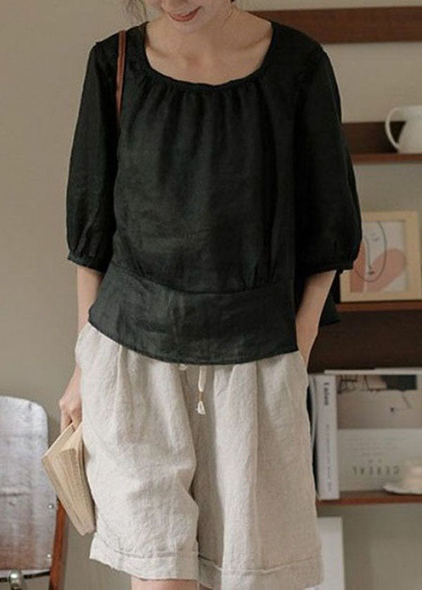 DIY Black O Neck Patchwork Back Side Open Linen Shirt Top Summer