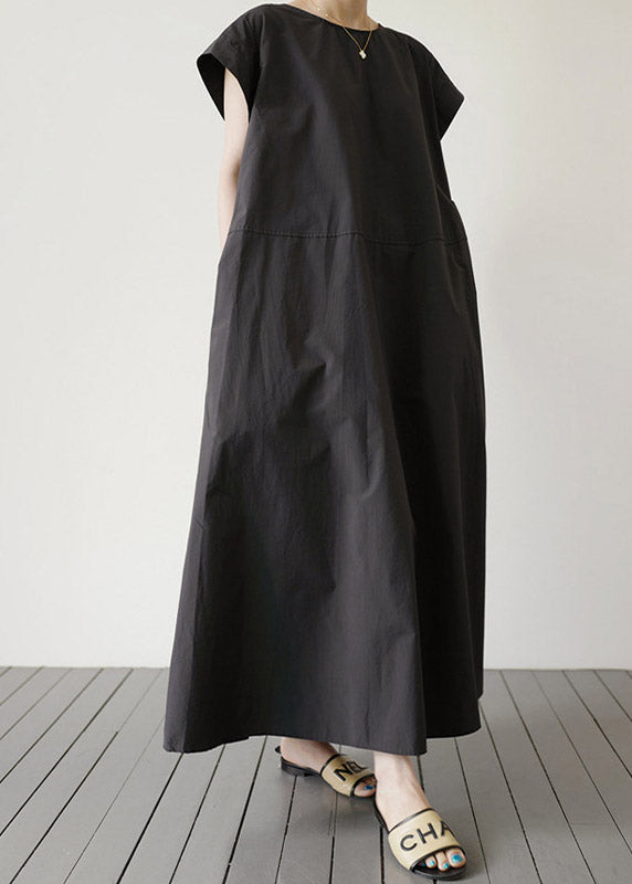 DIY Black O-Neck Patchwork Solid Maxi Dress Short Sleeve