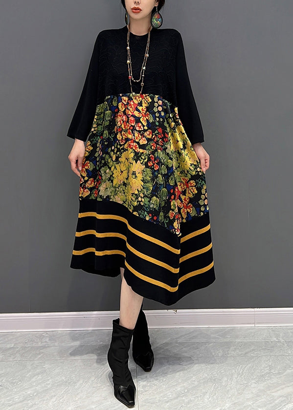 DIY Black O-Neck Print Striped Patchwork Knit Long Dresses Fall