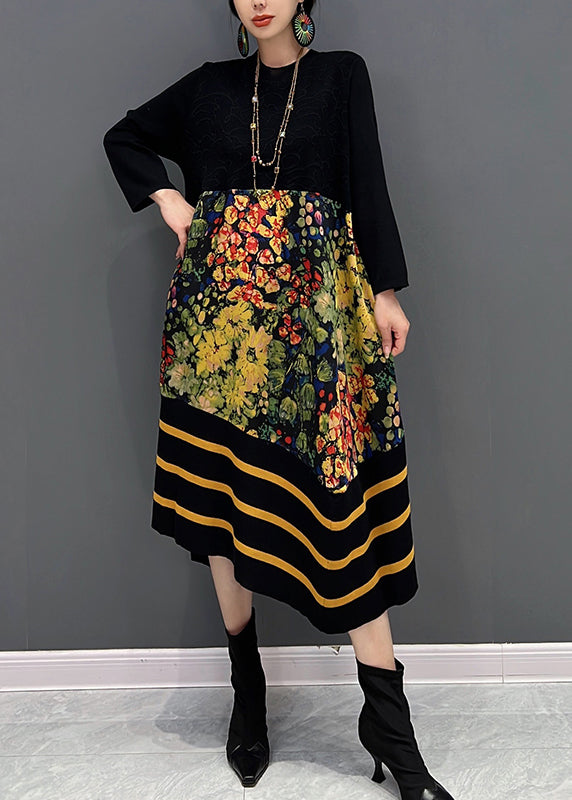 DIY Black O-Neck Print Striped Patchwork Knit Long Dresses Fall