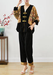 DIY Black Oversized Patchwork Chinese Button Silk Velour Two-Piece Set Fall