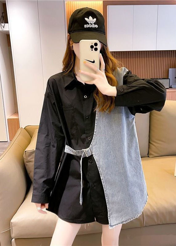 DIY Black Peter Pan Collar Denim Patchwork Cotton Fake Two Piece Shirts Fall