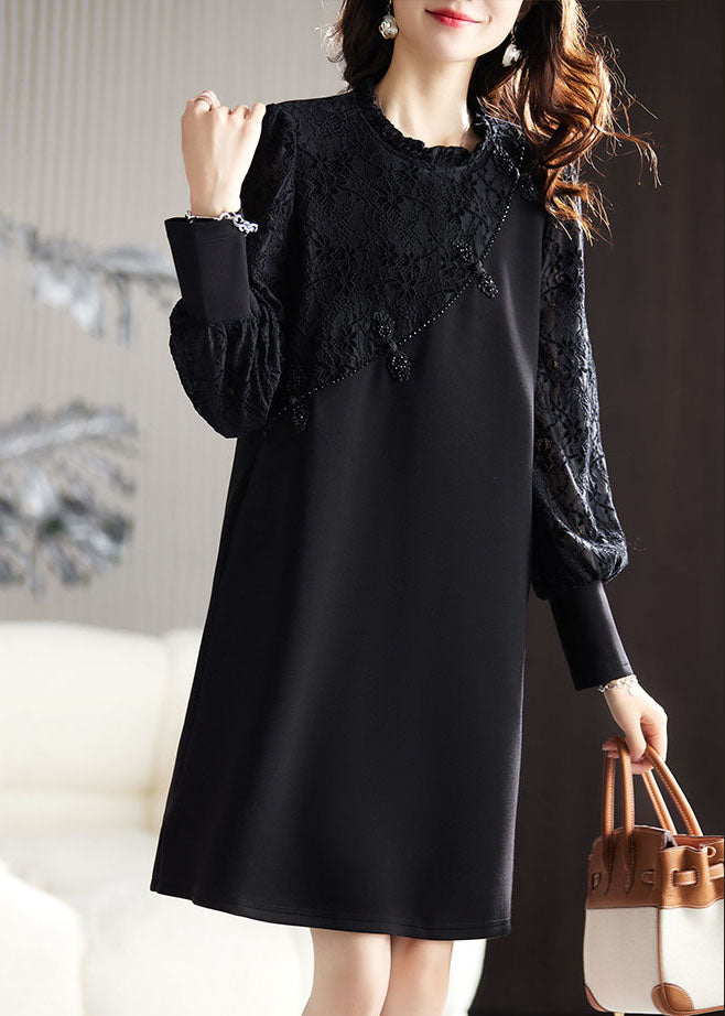 DIY Black Ruffled Lace Patchwork Mid Dresses Long Sleeve