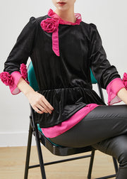 DIY Black Ruffled Patchwork Floral Silk Velour Blouses Spring