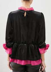 DIY Black Ruffled Patchwork Floral Silk Velour Blouses Spring