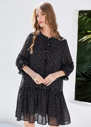 DIY Black Ruffled Print Chiffon Shirt Dresses Bracelet Sleeve