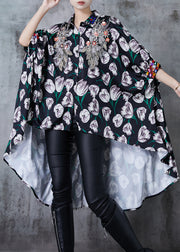 DIY Black Sequins Print Low High Design Cotton Shirt Tops Fall